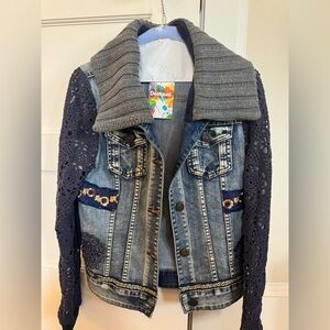 Desigual  Denim Jacket with Crochet sleeves floral design and Gray Collar